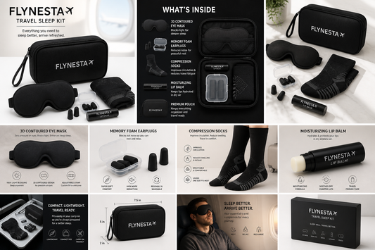 FLYNESTA Flight Sleep Kit for Airplane Travel – Travel Essentials Kit with 3D Eye Mask, Earplugs, Compression Socks, Lip Balm & Premium Pouch – Compact Long Flight Comfort Accessories, No Bulky Pillow