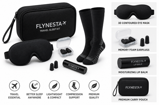 FLYNESTA Flight Sleep Kit for Airplane Travel – Travel Essentials Kit with 3D Eye Mask, Earplugs, Compression Socks, Lip Balm & Premium Pouch – Compact Long Flight Comfort Accessories, No Bulky Pillow
